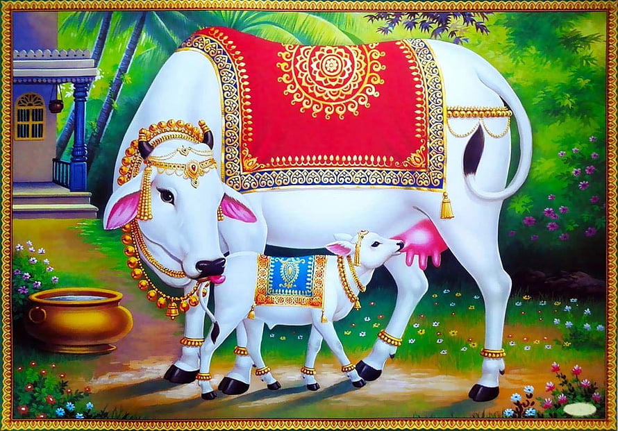 Kamadhenu Cow and Calf in Traditional Indian Art with Ornate Decorations HD wallpaper