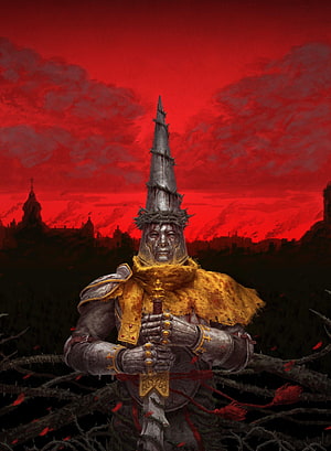 Blasphemous Knight in Ornate Armor Against a Crimson Sky HD phone wallpaper