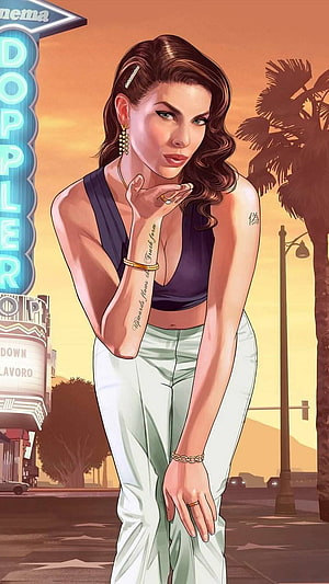 GTA V Female Character Digital Art with Hollywood Boulevard Neon Sign and Palm Trees at Sunset HD phone wallpaper