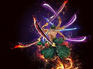 Roronoa Zoro Asura Form Wielding Nine Swords in Fiery Anime Battle Art HD wallpaper
