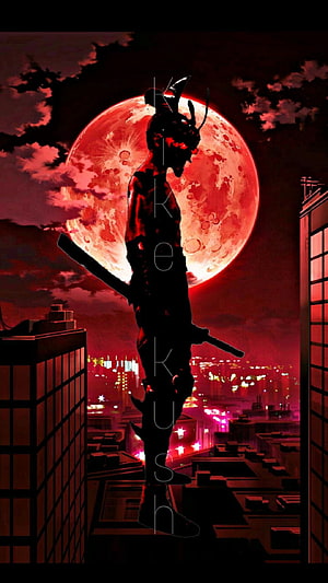 Silhouette of a Samurai Warrior Standing on a Rooftop Against a Giant Blood Moon Over a Neon City HD phone wallpaper