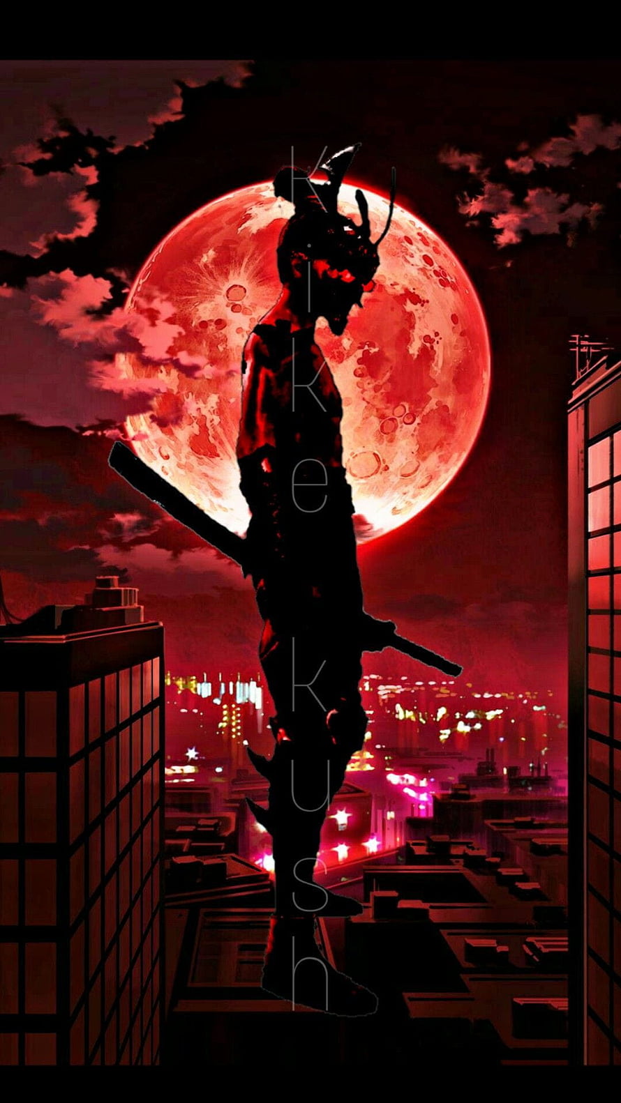 Silhouette of a Samurai Warrior Standing on a Rooftop Against a Giant Blood Moon Over a Neon City HD phone wallpaper