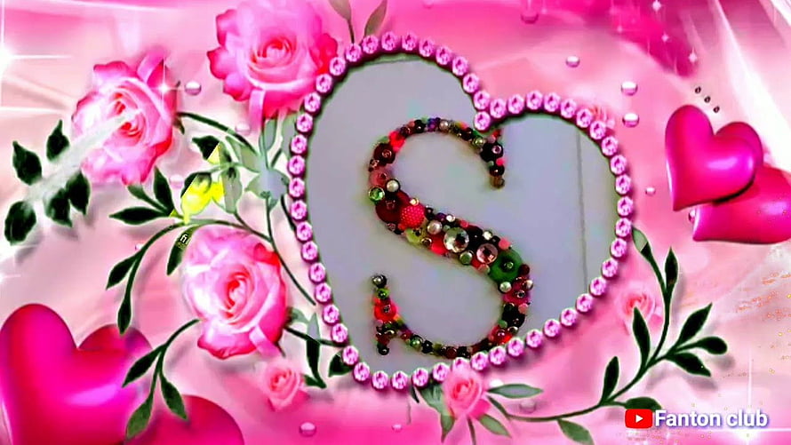 Decorative Letter S with Beads and Roses in a Pink Heart Frame HD wallpaper