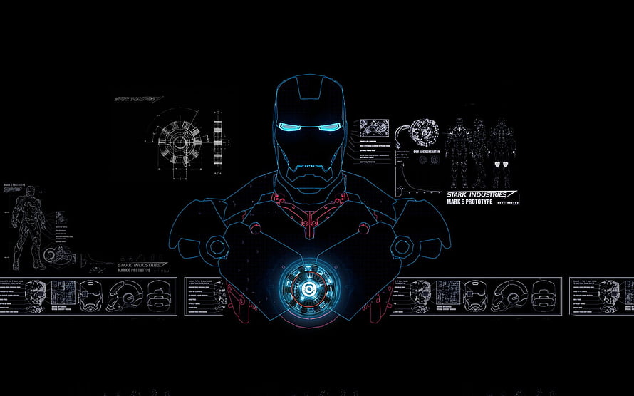 Iron Man Mark 6 Prototype Blueprint with Stark Industries Schematics and Holographic HUD Interface HD wallpaper
