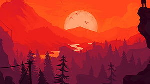 Stylized Red Mountain Landscape with Pine Forest and Large Sun HD wallpaper