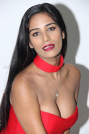 Poonam Pandey in a striking red strapless gown with matching choker and diamond pendant necklace HD phone wallpaper