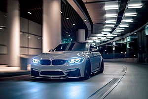 White BMW M3 F80 Sedan Driving Through Modern Underground Tunnel HD wallpaper