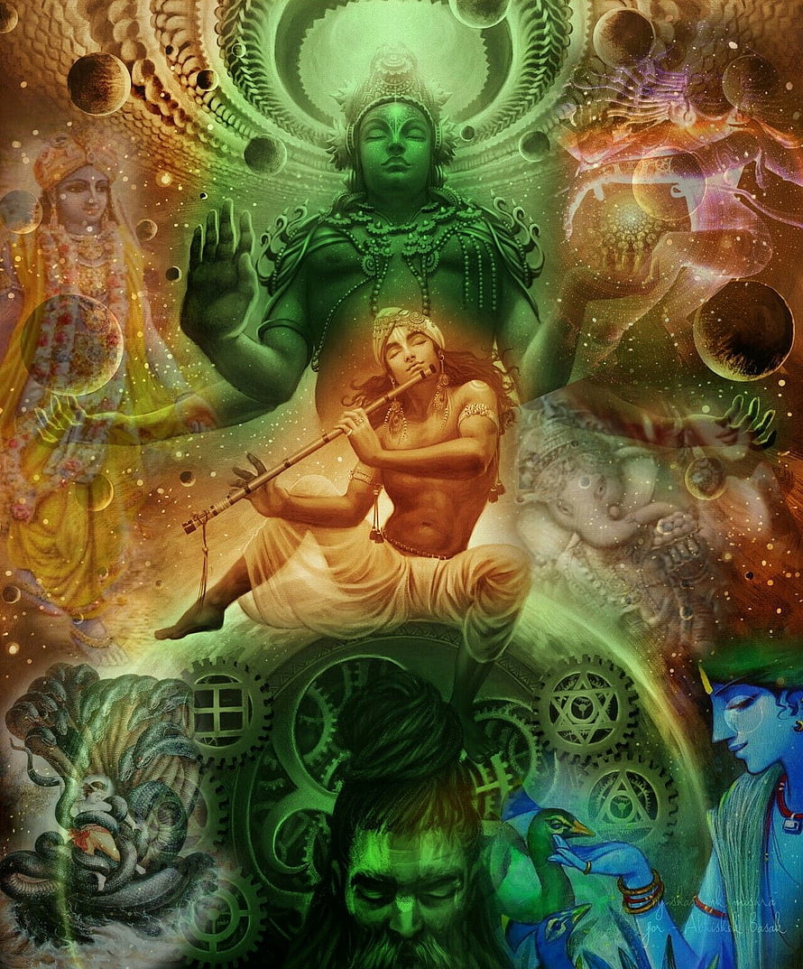 Lord Krishna Flute Player with Vishnu and Hindu Deities in Cosmic Art HD phone wallpaper