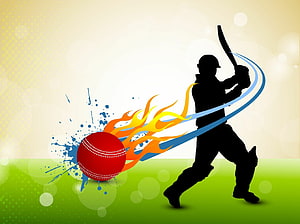 Dynamic Cricket Batsman Silhouette Striking a Fiery Red Ball on a Green Pitch HD wallpaper