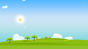 Bright Sunny Day Over Rolling Green Hills With Scattered Trees And Fluffy Clouds HD wallpaper