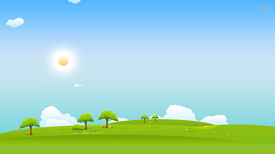 Bright Sunny Day Over Rolling Green Hills With Scattered Trees And Fluffy Clouds HD wallpaper