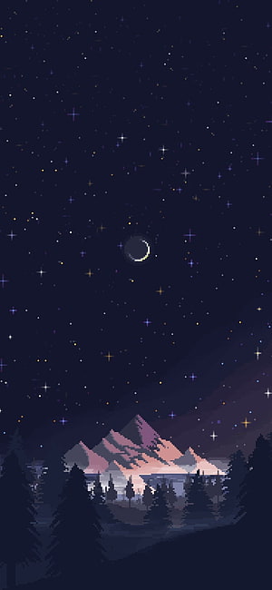 Pixel Art Night Sky with Crescent Moon, Starry Mountains, and Pine Forest Landscape HD phone wallpaper