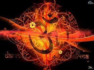 Dharma Om Symbol Digital Art with Fiery Orange Glow and Floral Accents HD wallpaper
