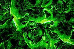 Glowing Green Skull Formed by Swirling Toxic Fire and Smoke HD wallpaper