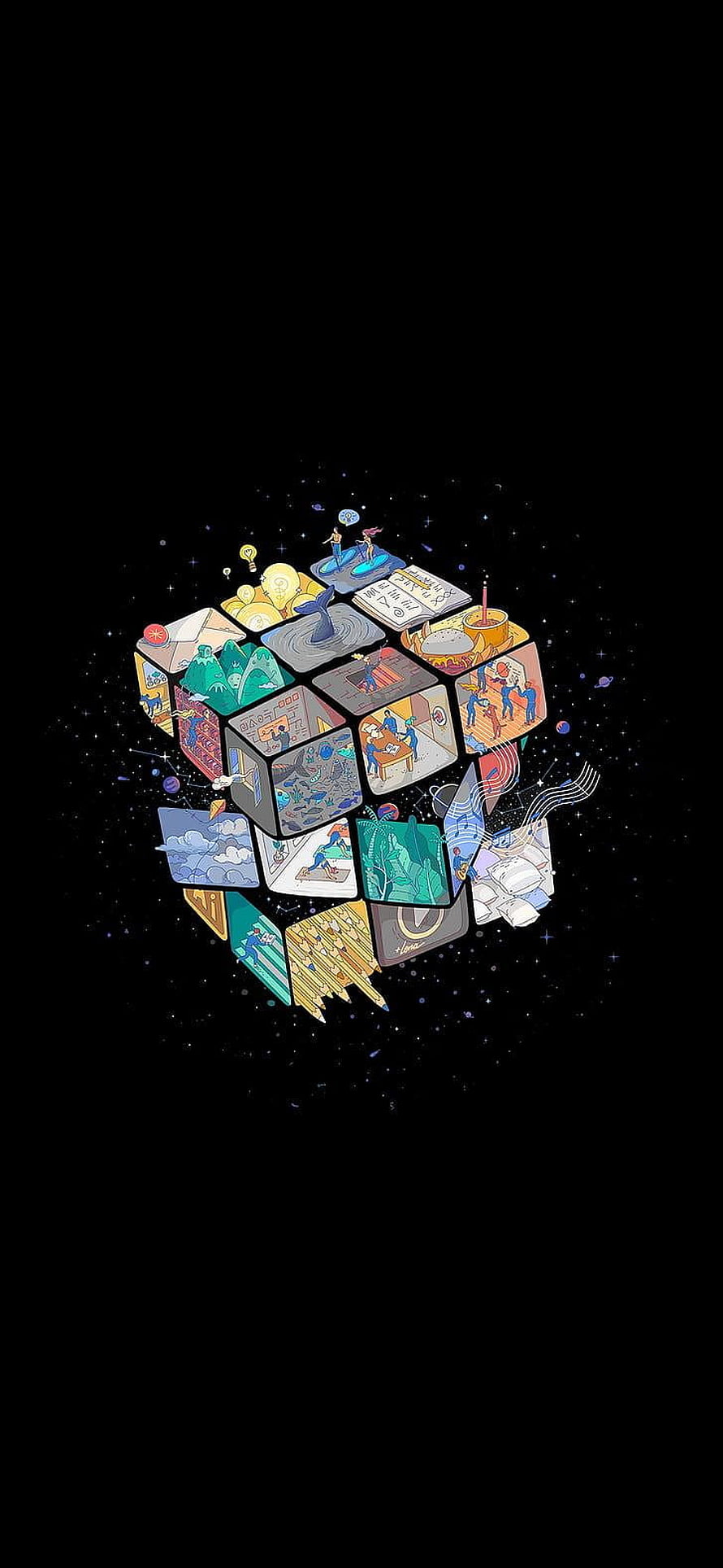 Isometric Cube of Illustrated Scenes Floating in a Starry Space HD phone wallpaper