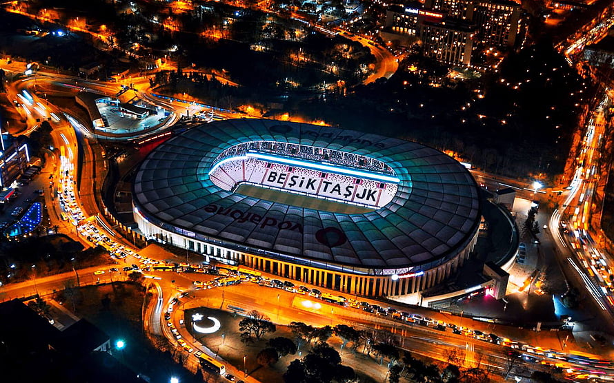 Aerial Night View of Vodafone Park Besiktas Stadium in Istanbul Turkey HD wallpaper