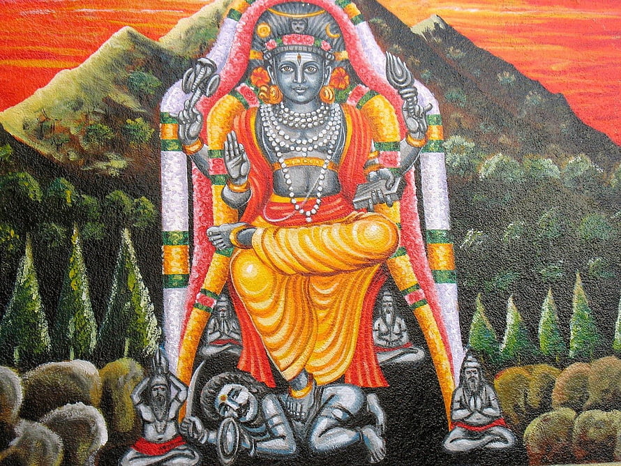 Annamalaiyar Shiva Temple Artwork with Mountain Landscape and Devotees HD wallpaper