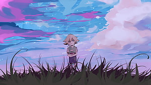 Basil from Omori Standing in a Field Under a Dreamy Pastel Sky HD wallpaper