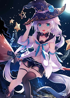 Shirakami Fubuki Anime Witch Character with Stars and Musical Notes HD phone wallpaper
