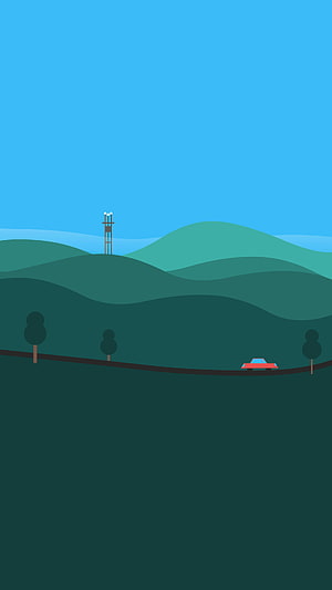 Minimalist Flat Design Landscape with Rolling Hills, Road, and Distant Tower HD phone wallpaper