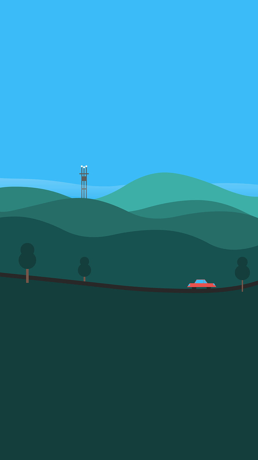 Minimalist Flat Design Landscape with Rolling Hills, Road, and Distant Tower HD phone wallpaper
