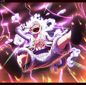 Monkey D. Luffy Gear 5 Nika Form with Electric Energy and White Flame Aura HD wallpaper