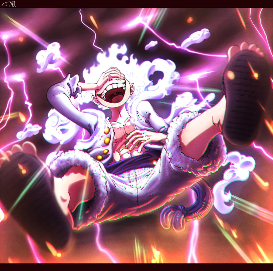 Monkey D. Luffy Gear 5 Nika Form with Electric Energy and White Flame Aura HD wallpaper
