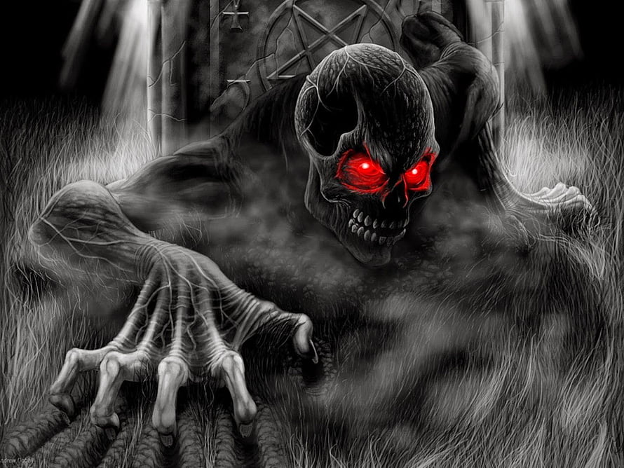 Grim Reaper Skeleton with Glowing Red Eyes in Dark Misty Landscape HD wallpaper