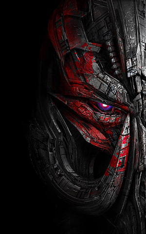 Megatron Cybertronian Face Close-Up with Glowing Purple Eye and Red Armor HD phone wallpaper