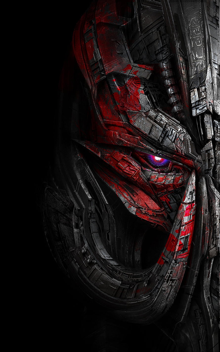 Megatron Cybertronian Face Close-Up with Glowing Purple Eye and Red Armor HD phone wallpaper
