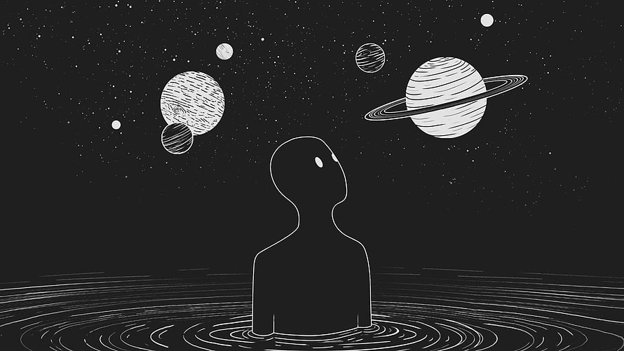 Minimalist Black and White Illustration of a Silhouette Gazing at a Starry Sky with Planets HD wallpaper