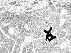 Naruto Manga Panel: Akatsuki Member Standing Over a Destroyed City HD wallpaper