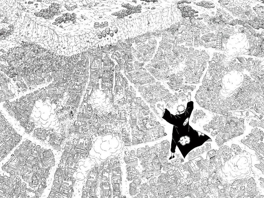 Naruto Manga Panel: Akatsuki Member Standing Over a Destroyed City HD wallpaper