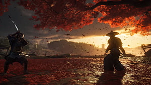 Ghost of Tsushima Samurai Duel Under Crimson Autumn Leaves at Sunset HD wallpaper