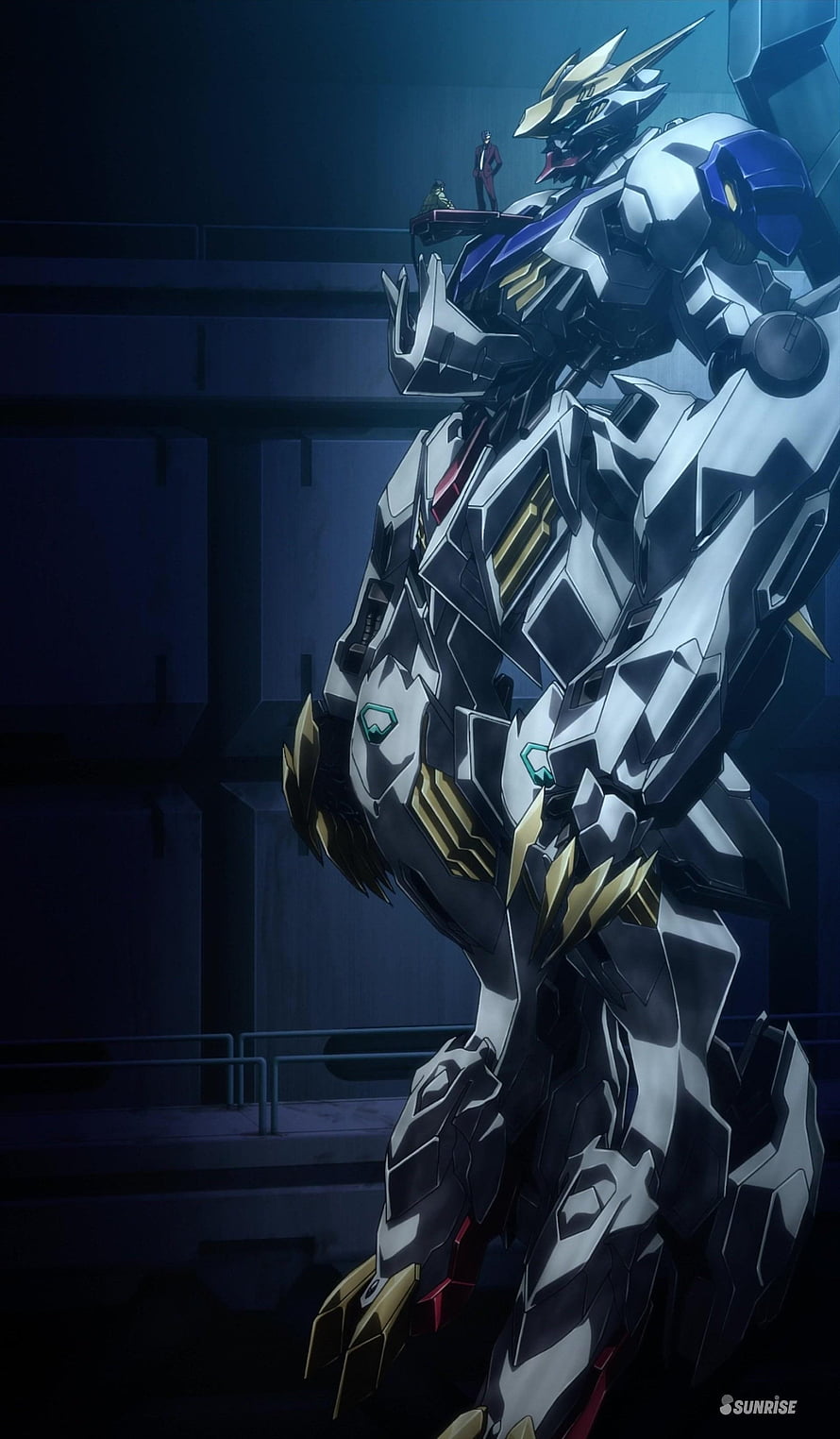 Gundam Barbatos Lupus Rex Standing in Dark Hangar with White and Gold Armor HD phone wallpaper