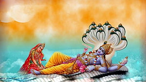Lord Vishnu Reclining on Shesha Naga with Goddess Lakshmi in Traditional Indian Art HD wallpaper