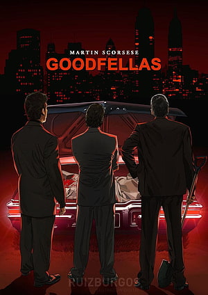 Goodfellas Movie Poster Artwork with Three Men in Suits and Cadillac HD phone wallpaper