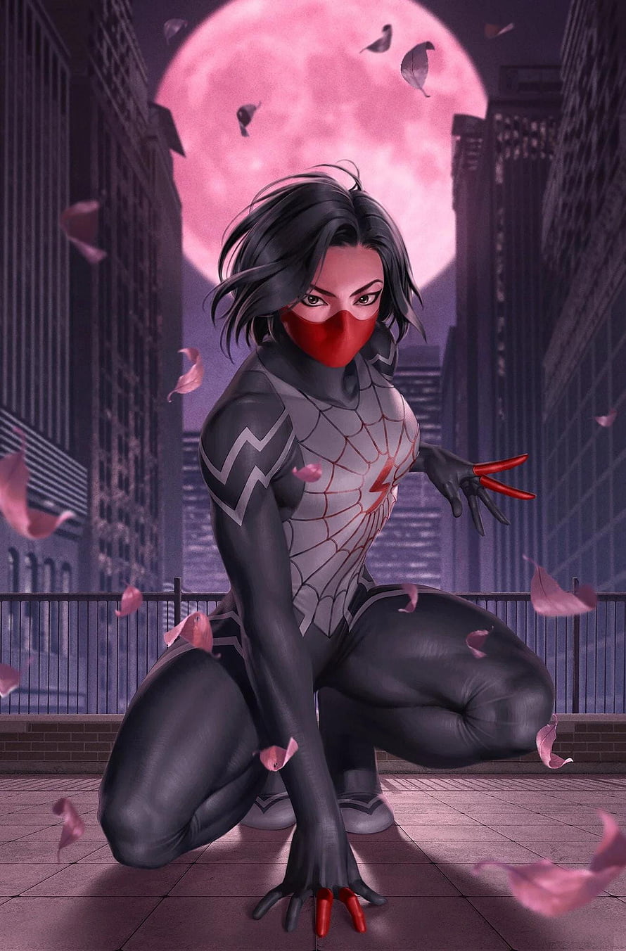 Silk Cindy Moon in Black Spider Suit Crouching on Rooftop Under Pink Moon HD phone wallpaper