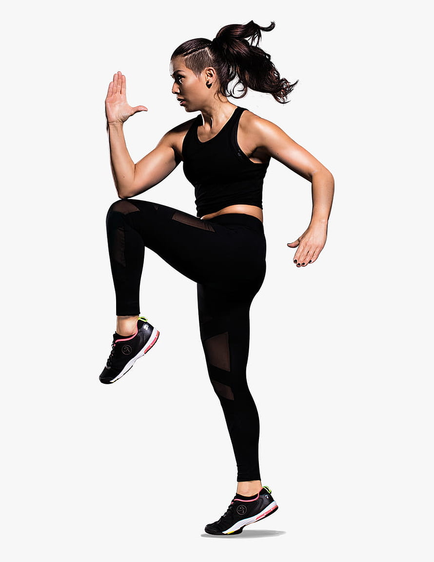 Athletic Woman in Black Activewear Performing Dynamic Dance Move on White Background HD phone wallpaper