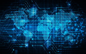 Glowing Blue Digital World Map with Circuit Board Technology Network Concept HD wallpaper