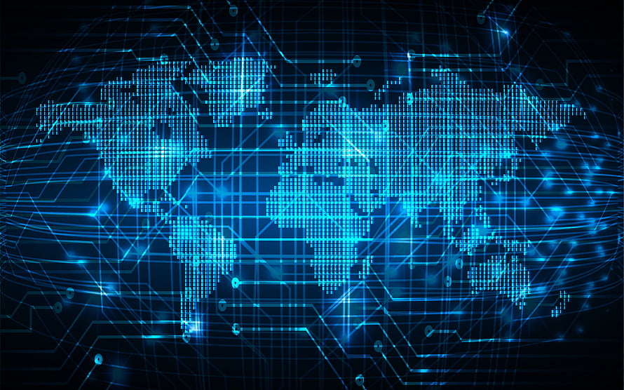 Glowing Blue Digital World Map with Circuit Board Technology Network Concept HD wallpaper