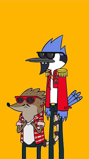 Regular Show Mordecai and Rigby in Sunglasses on Yellow Background HD phone wallpaper