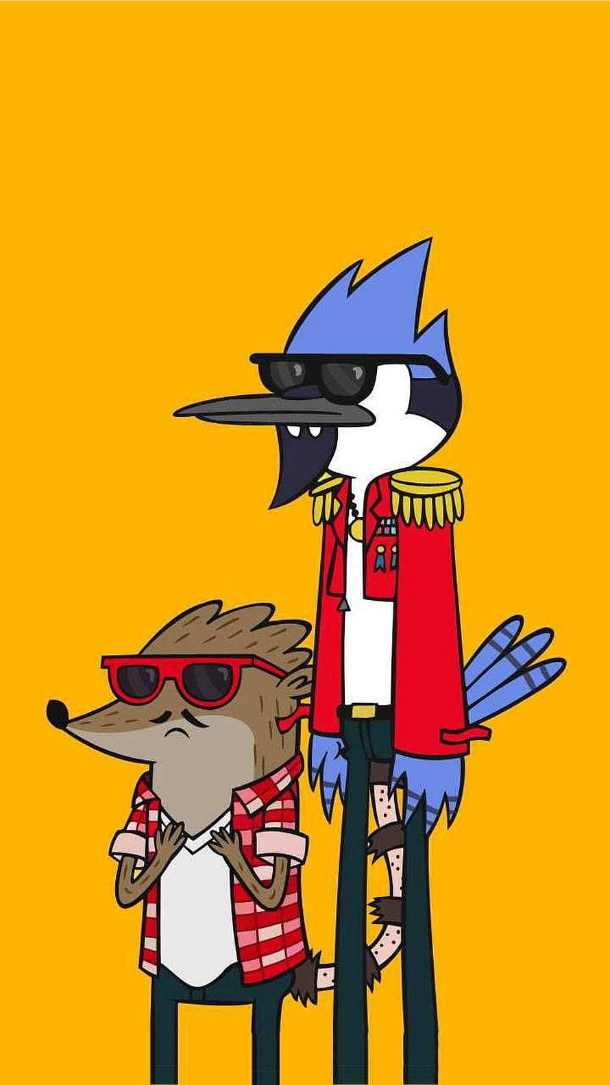 Regular Show Mordecai and Rigby in Sunglasses on Yellow Background HD phone wallpaper