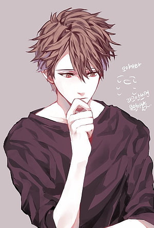 Thoughtful Anime Boy with Messy Brown Hair in Dark Shirt HD phone wallpaper