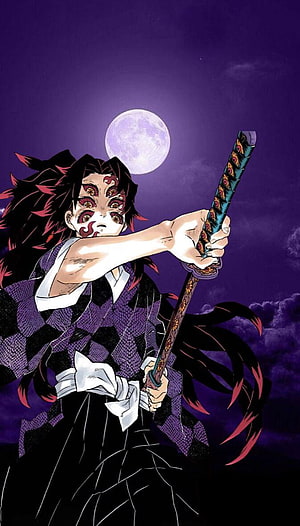 Kokushibo Demon Slayer Character Art with Katana Under Full Moon HD phone wallpaper