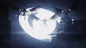 Murder Drones Silhouetted Against a Giant Moon Over a Dark Cityscape HD wallpaper