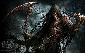 Grim Reaper with Scythe and Hourglass in Dark Forest HD wallpaper