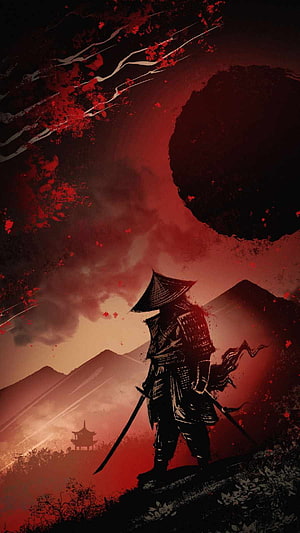 Silhouette of a Samurai Warrior with Katana Against a Crimson Sky and Distant Pagoda HD phone wallpaper