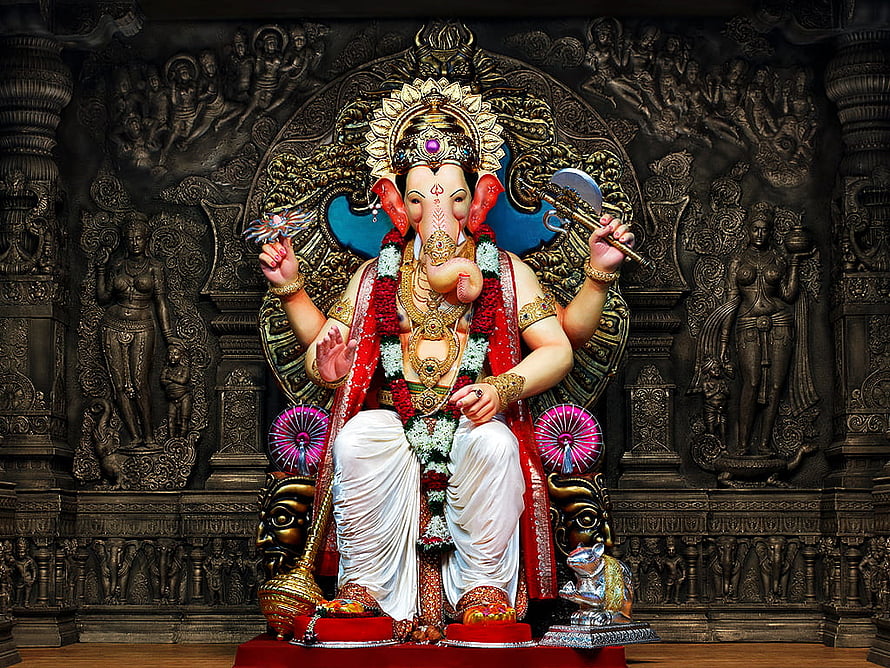 Lalbaugcha Raja Ganesha Murti in Ornate Temple Setting with Traditional Decorations HD wallpaper