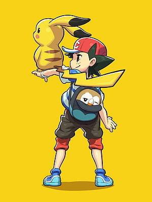 Satoshi with Pikachu and Rowlet in a playful pose on a yellow background HD phone wallpaper